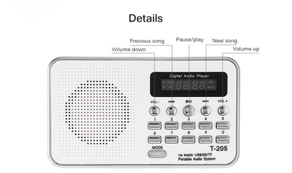 T-205 FM Radio Portable HiFi Card Speaker Digital Multimedia MP3 Music Loudspeaker White Camping Hiking Outdoor Sports