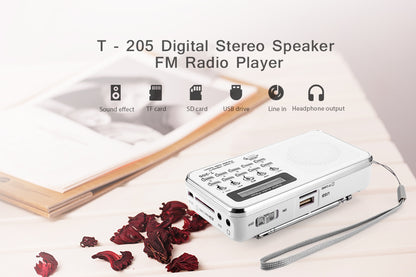 T-205 FM Radio Portable HiFi Card Speaker Digital Multimedia MP3 Music Loudspeaker White Camping Hiking Outdoor Sports