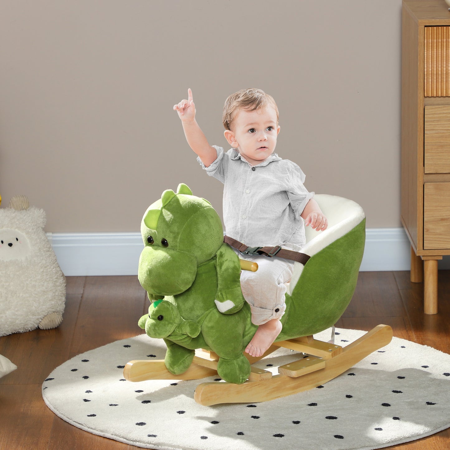 AIYAPLAY Dinosaur-Shaped Baby Rocking Horse w/ Safety Belt, 32 Songs, Wood Base, Hand Puppet