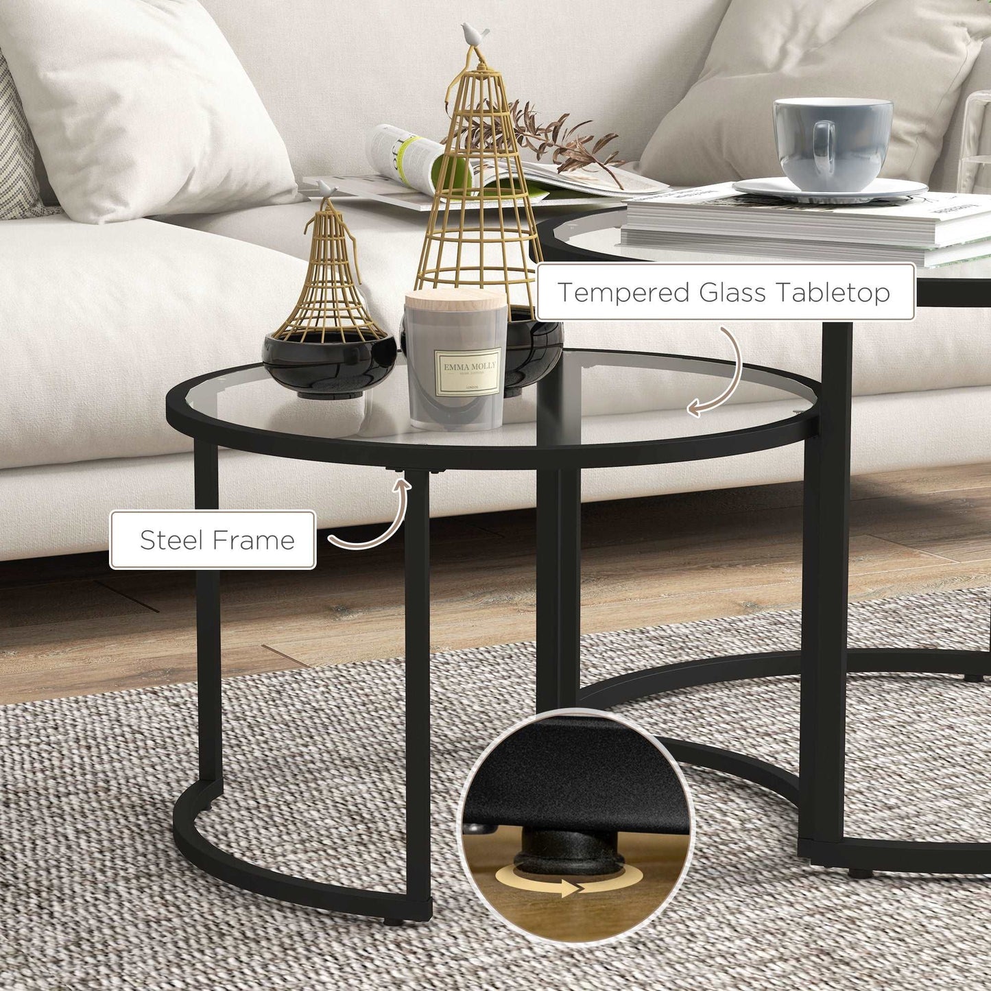 Glass Coffee Table Set of 2, Round Nest of Tables with Tempered Glass Tabletop and Steel Frame, Modern Side Tables for Living Room, Black