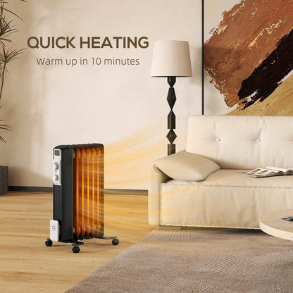 1500W Quiet Oil Filled Radiator, 7 Fin Energy Efficient Electric Heater W/ 3 Heat Settings, Adjustable Temperate Wheels, for Home