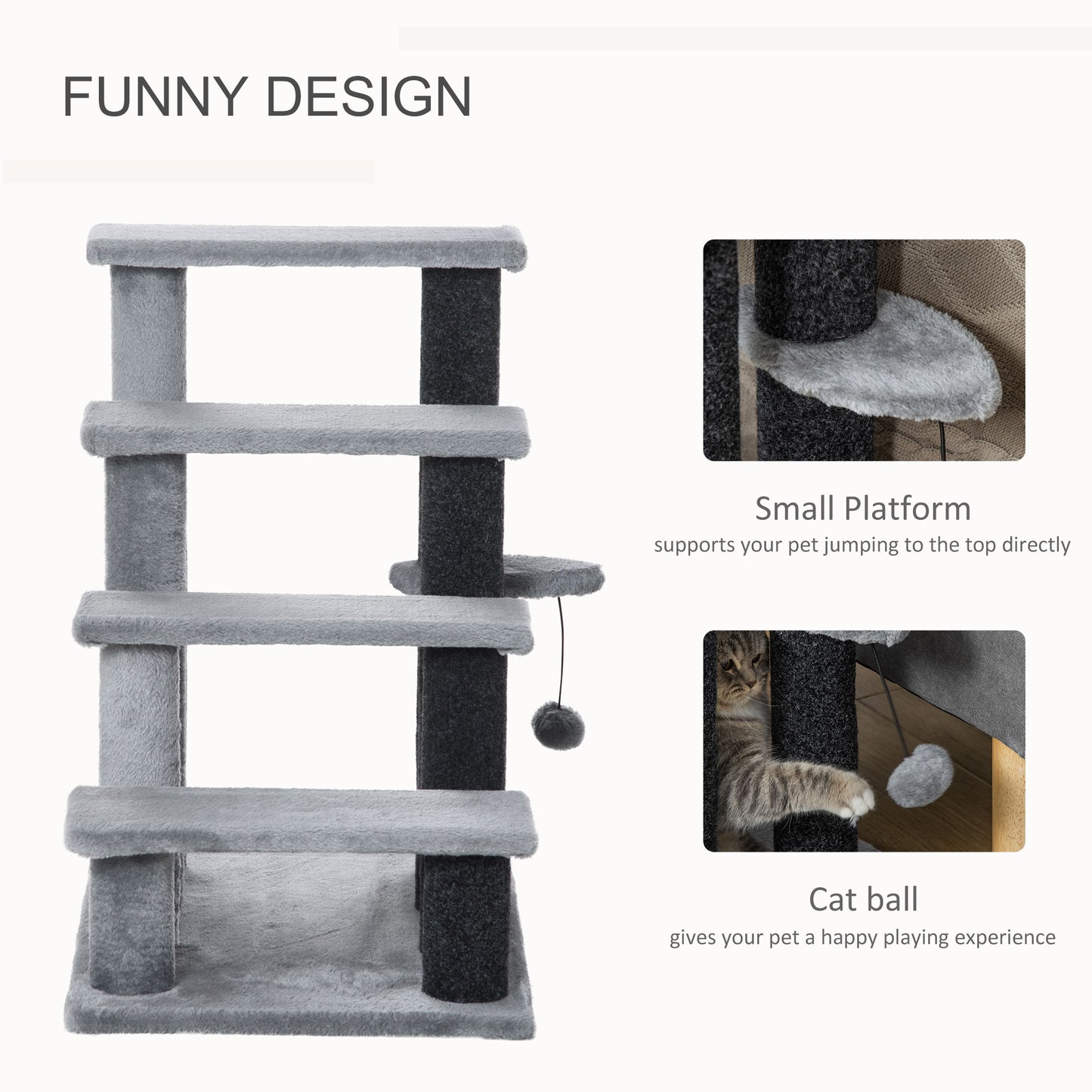 PawHut 4-step Pet Steps Stairs With Scratching Posts, Platforms, Toy Ball, Grey