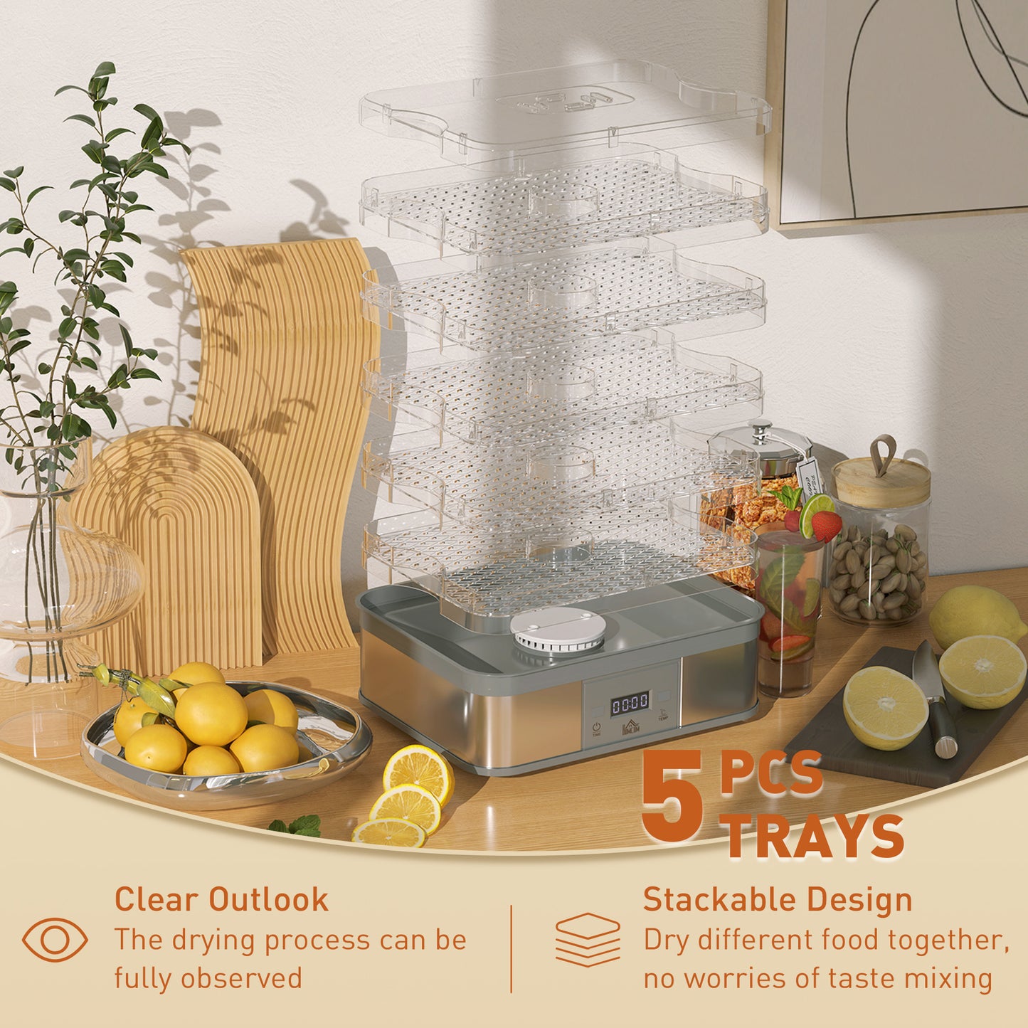 5 Tier Food Dehydrator, 245W Stainless Steel Food Dryer Machine with Adjustable Temperature, Timer and LCD Display for Drying Fruit, Meat, Vegetable, Jerky and Pet Treat, Grey