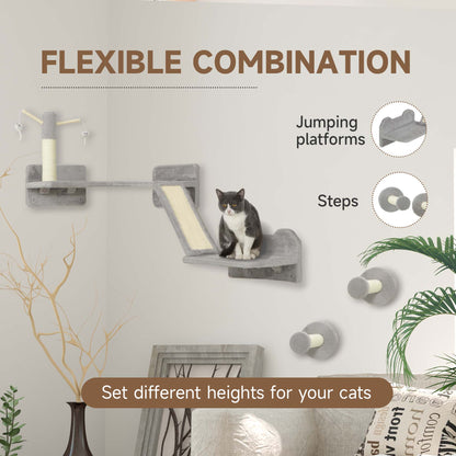 PawHut 3 Piece Cat Wall Furniture with Scratching Posts, Scratching Pads, Perches, Cat Wands, Toy Balls, Light Grey