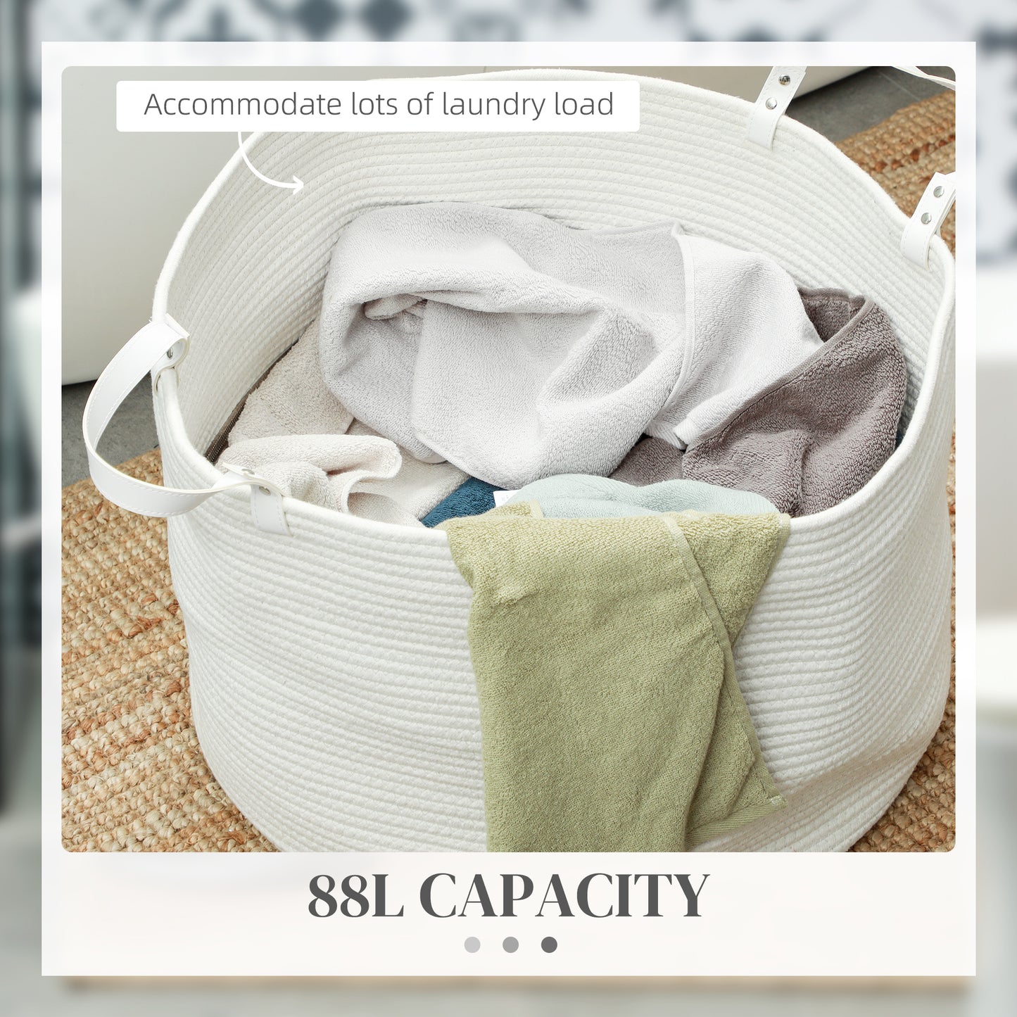 88L Cotton Rope Laundry Basket, with Handles - Cream White