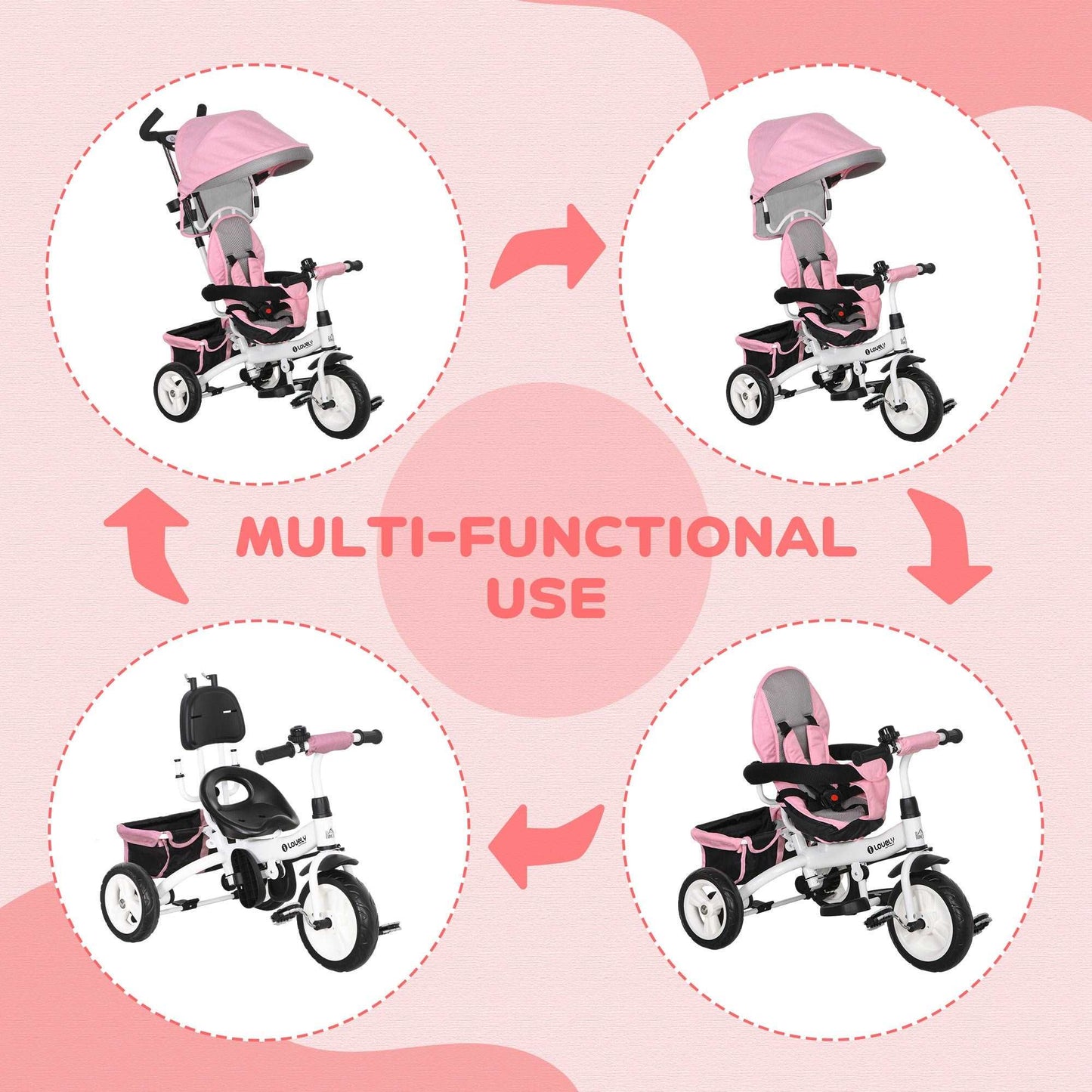 4 in 1 Kids Trike Push Bike w/ Push Handle, Canopy, 5-point Safety Belt, Storage, Footrest, Brake, for 1-5 Years, Pink