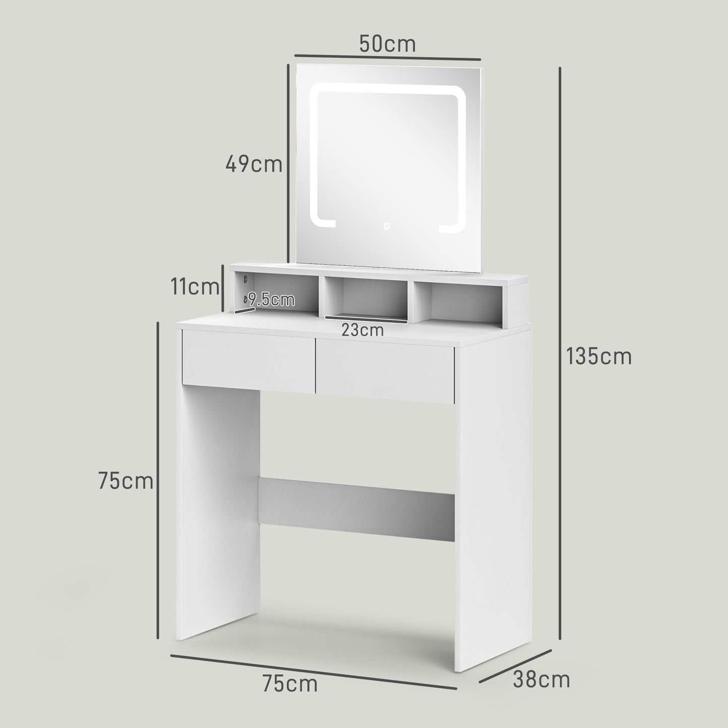 Dressing Table W/ Mirror and LED Lights, Vanity Table, 2 Drawers, 3 Compartments, 3 Colour Lighting for Bedroom, Modern Makeup Table