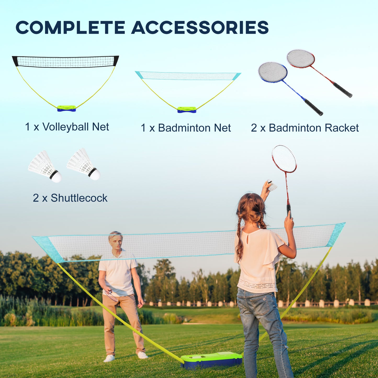 SPORTNOW Badminton Set with Volleyball Net, Portable Badminton Net with 2 Rackets, 2 Shuttlecocks and Carry Case, for Indoor Outdoor Sports