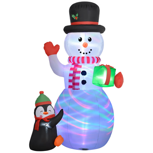 Outsunny 8FT Christmas Inflatable Snowman Holding Gift Box W/ Penguin, Blow Up W/ Rotating Colorful LED Light for Indoor, Outdoor