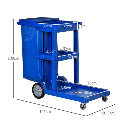 Cleaning Carts On Wheels, Janitorial Trolley W/ 3 Tier Shelves, Housekeeping Utility Service Unit W/ Rubbish Bag Mop Mount for Hotel, Office, Blue