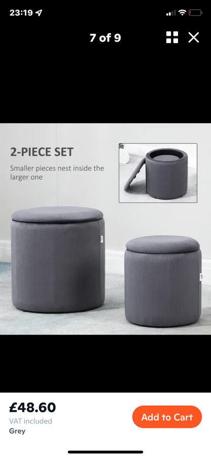 Modern Storage Ottoman With Removable Lid Fabric Storage Dressing Table Foot Stool Set of 2 Grey