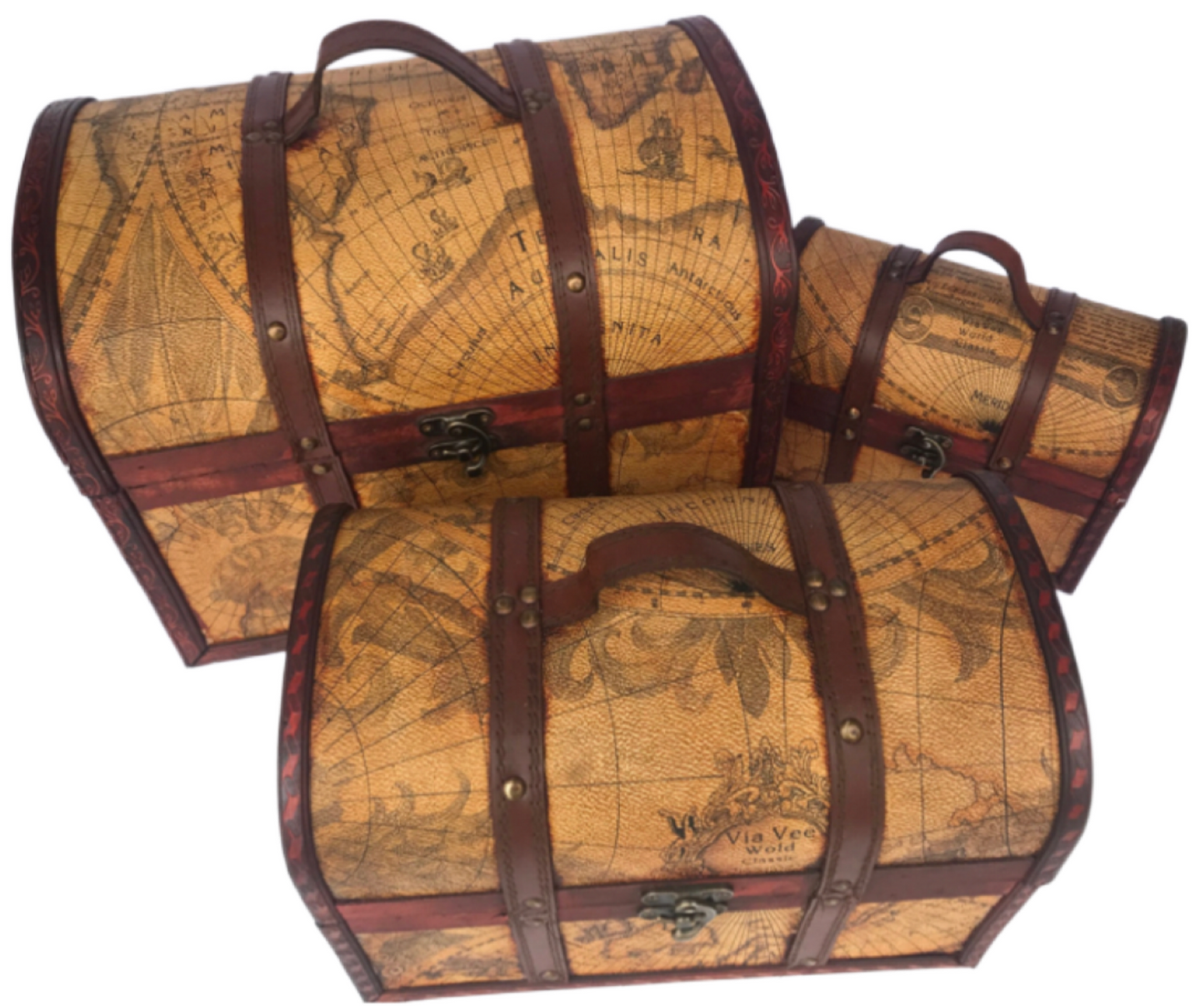 Set of 3 Antique Classic Looking Vintage Map Design Style Trunks Storage Cases Boxes