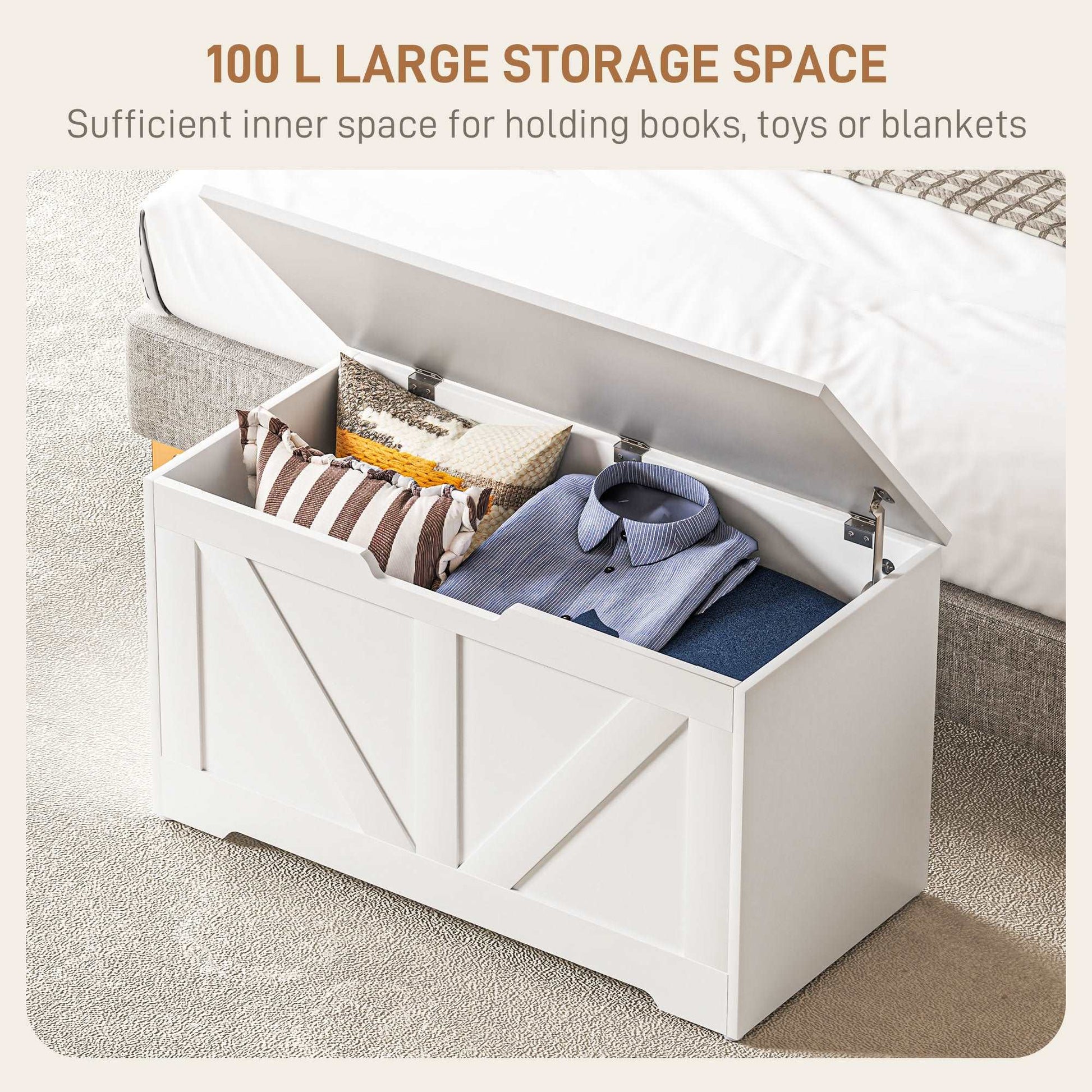 100L Home Storage Box, with Safety Hinges - White Wood-Effect