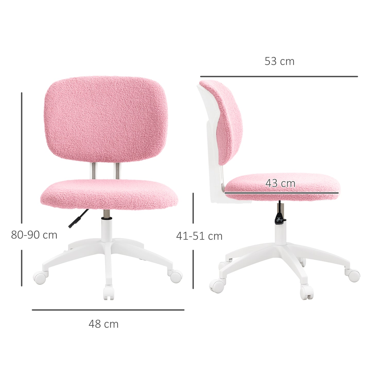 Vinsetto Cute Armless Office Chair Vanity Task Chair with Adjustable Height, Swivel Wheels, Mid Back, Pink