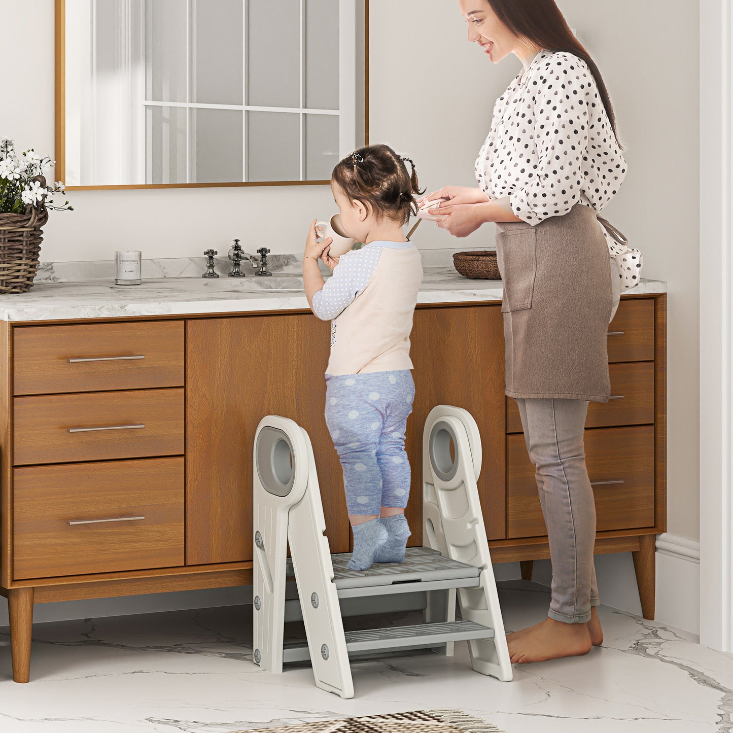 AIYAPLAY Foldable & Adjustable Toddler Tower Kitchen Stool Helper with Handle, Non-Slip, Grey