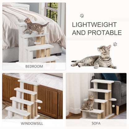 PawHut Pet Stairs with 4-step Climb Ladder, Scratching Posts, Platforms, Toy Ball, for Indoor Elderly Cats Kittens, White