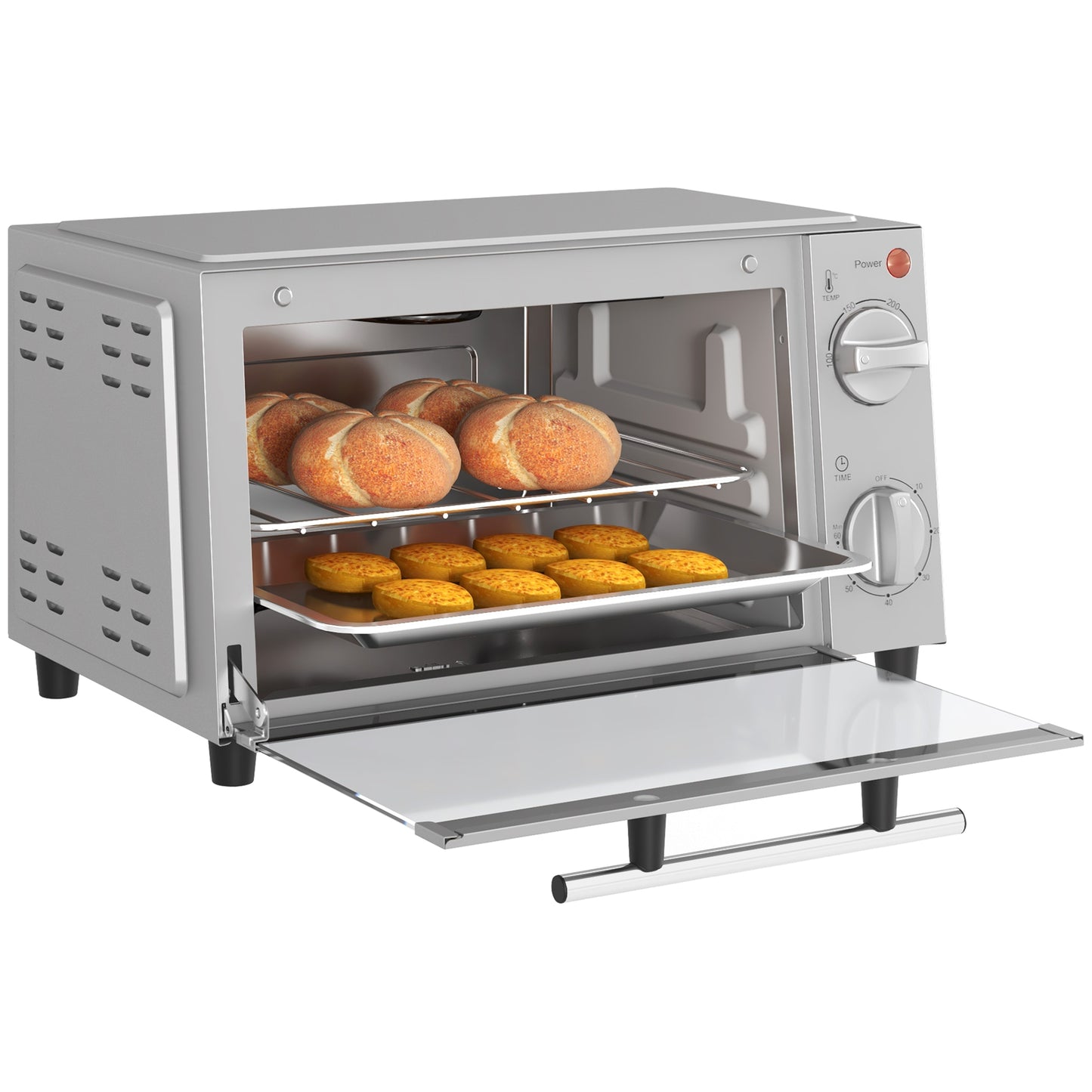 Mini Oven, 9L Countertop Electric Grill, Toaster Oven with Adjustable Temperature, Timer, Baking Tray and Wire Rack, 750W, Silver