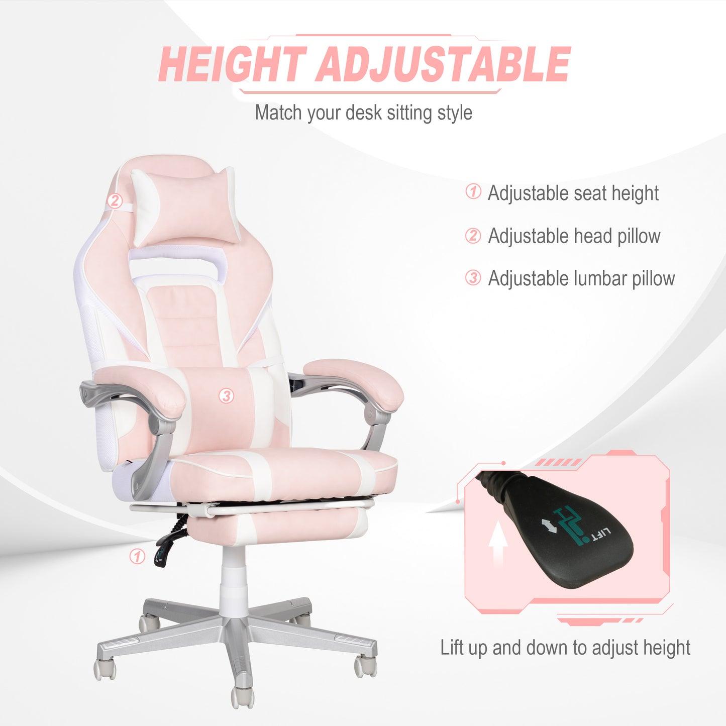 Faux Leather Reclining Gaming Chair, with Footrest - Pink/White