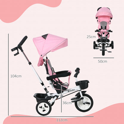 HOMCOM Metal Frame 4 in 1 Baby Push Tricycle with Parent Handle for 1-5 Years Old, Pink