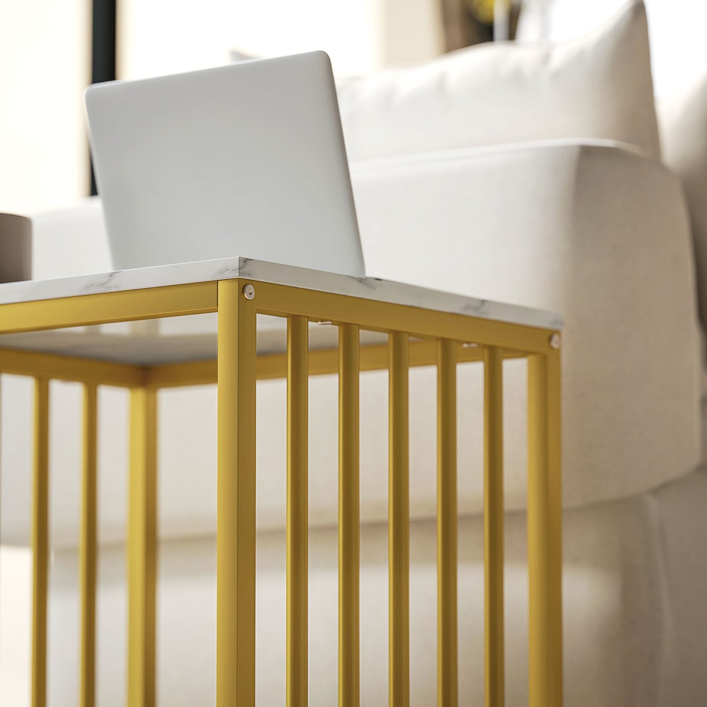 Modern Coffee Table Set of Two, Marble-Effect Nesting Side Tables with Steel Frame for Living Room, Gold Tone