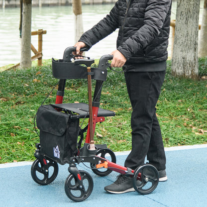 4 Wheel Rollator With Seat and Back, Folding Mobility Walker With Carry Bag, Adjustable Height, Dual Brakes, Cane Holder, Lightweight Aluminium Walking Frame - Red