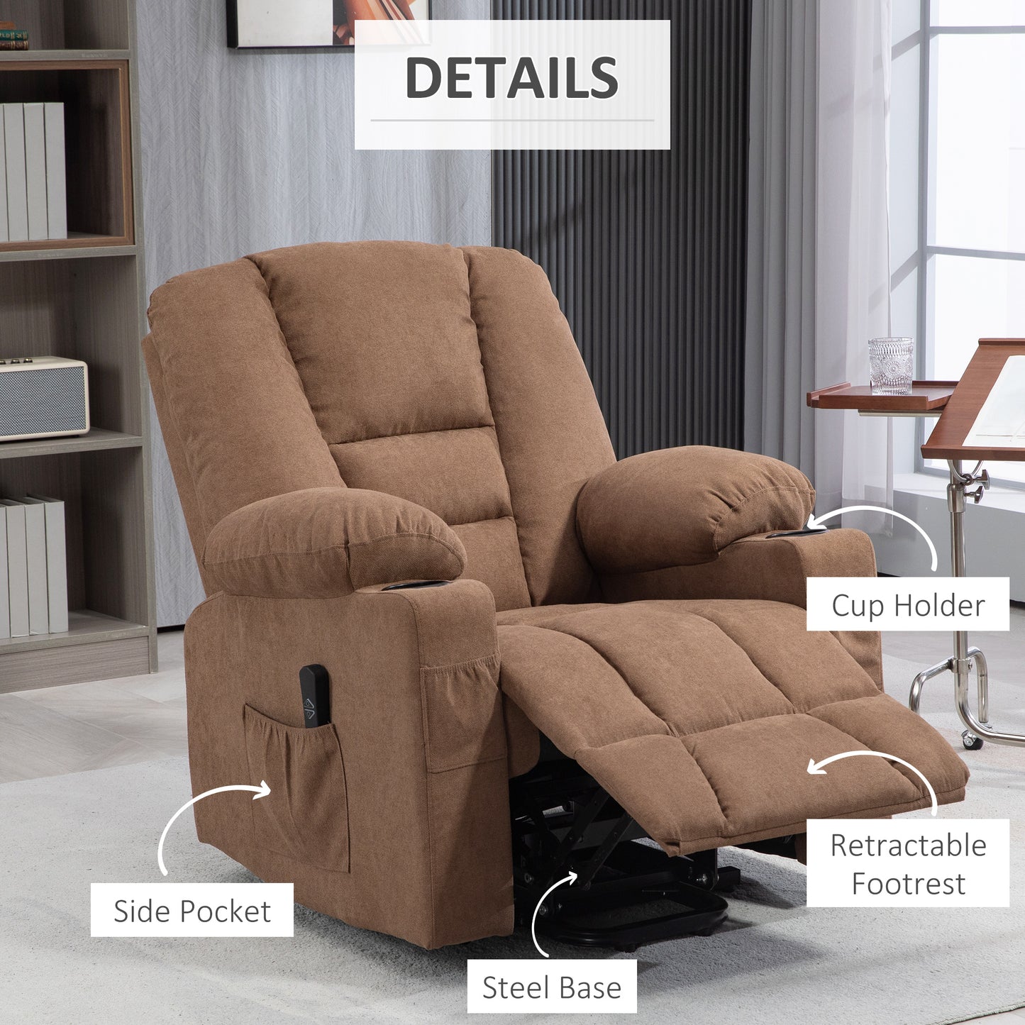 Oversized Riser And Recliner Chair, Fabric Upholstered Lift Helper Chair For Living Room With Remote Control, Side Pockets