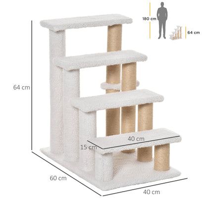 PawHut Pet Stairs with 4-step Climb Ladder, Scratching Posts, Platforms, Toy Ball, for Indoor Elderly Cats Kittens, White