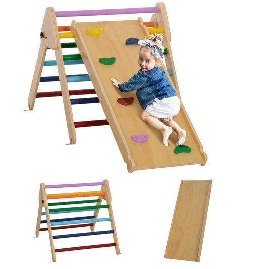 AIYAPLAY Toddler Climbing Frame for Kids with Ramp, 3 in 1 Wooden Pikler Triangle Set for 18-48 Months, Multicolour