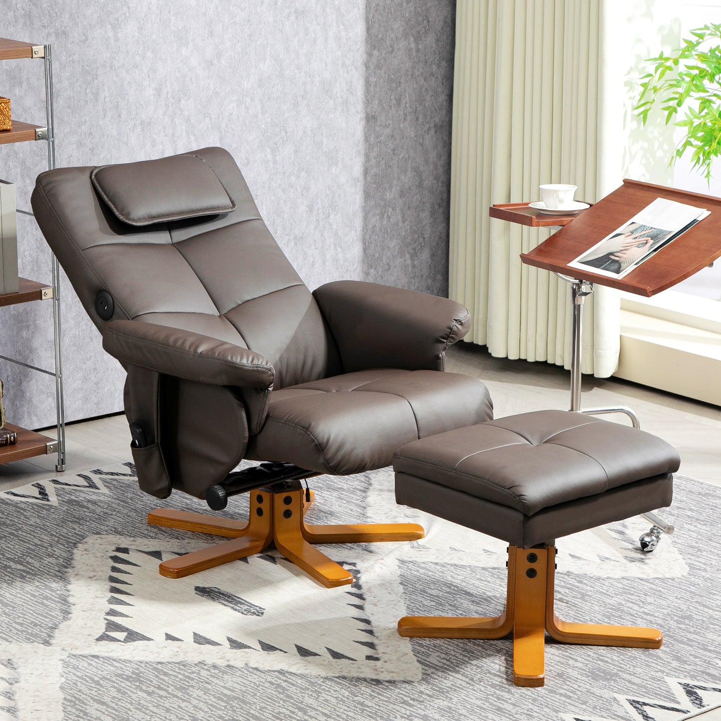 Faux Leather Massage Recliner Chair, with Storage Ottoman - Brown