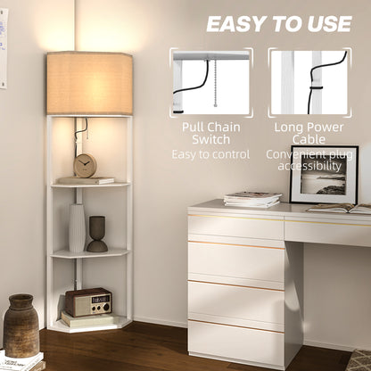 Corner Floor Lamp with Shelves, Tall Standing Lamps for Living Room, with Pull Chain Switch Bulb not Included, White