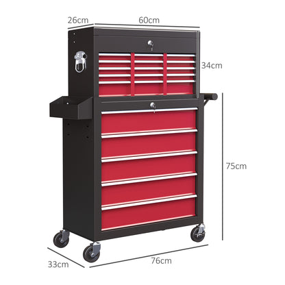 Rolling Tool Cabinet on Wheels with 14 Drawers, Pegboard and Side Rack, Lockable Top Tool Chest and Roller Cabinet Combo for Workshop and Home, Red