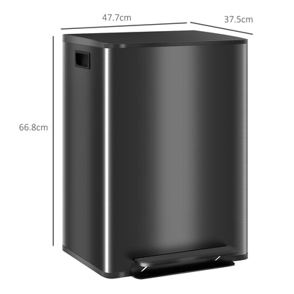 HOMCOM Dual Kitchen Bin, 2 x 30L Double Bin for Recycling and Waste, Stainless Steel Pedal Bin with Soft-Close Lid, Removable Inner Buckets and Handles, Black