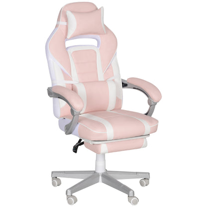 Faux Leather Reclining Gaming Chair, with Footrest - Pink/White