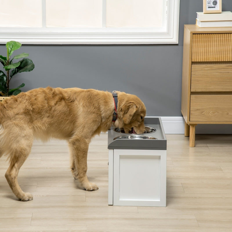 PawHut Stainless Steel Raised Dog Bowls, with 21L Storage Drawer for Large Dogs - Grey / White