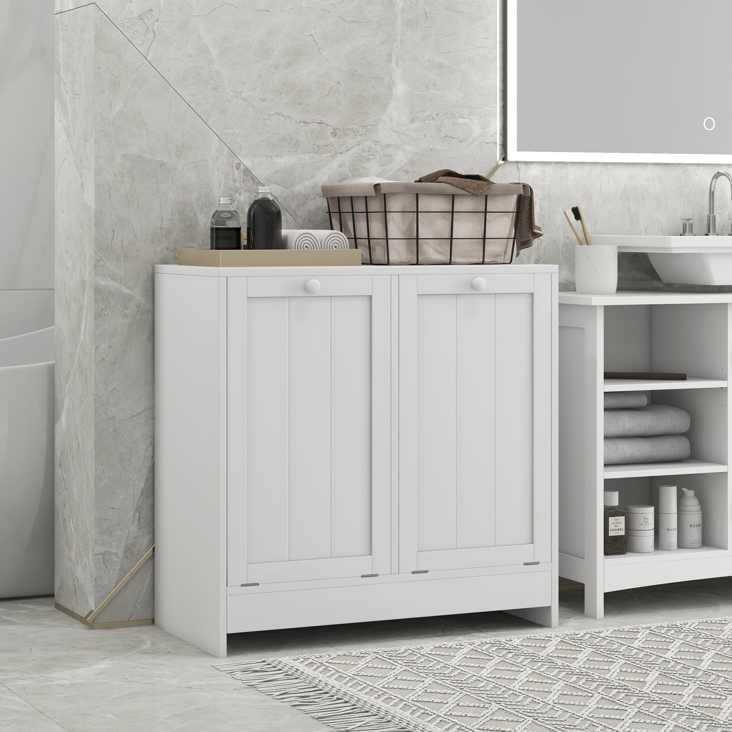 Kleankin Tilt-Out Laundry Cabinet, Modern Bathroom Cabinet with 2 Compartments For Bathroom Washroom