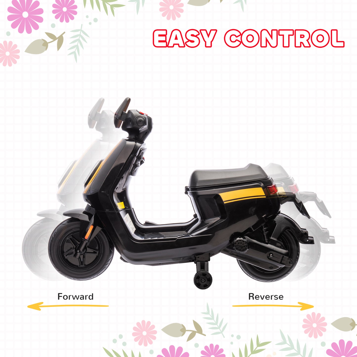 AIYAPLAY 6V Ride on Motorbike Kids Electric Motorbike w/ Headlight Music, Training Wheels, for Ages 18-36 Months - Black