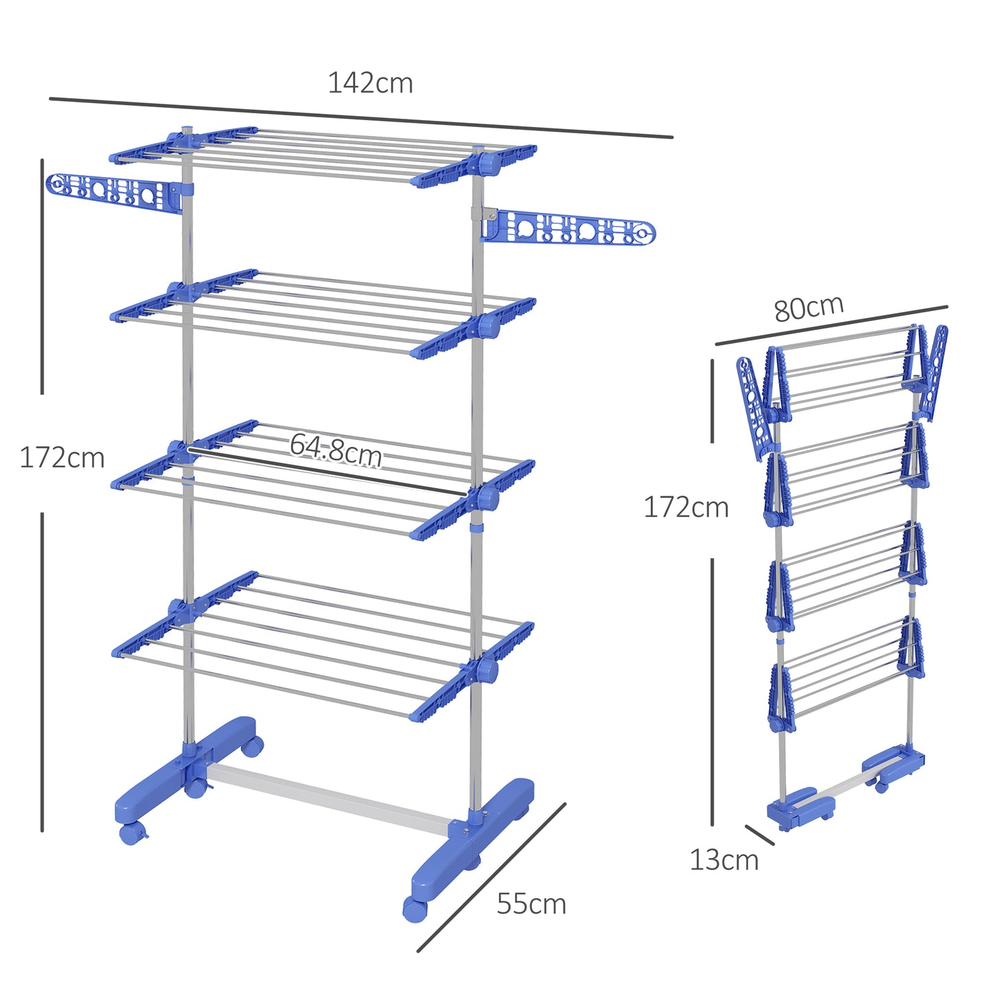 4-Tier Clothes Airer, Foldable Clothes Drying Rack, Indoor And Outdoor Clothes Dryer With Wheels and Wings, 142 x 55 x 172cm, Blue