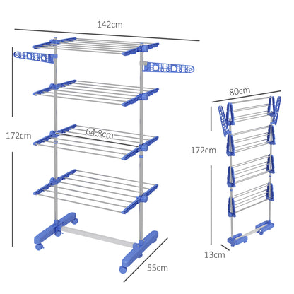 4-Tier Clothes Airer, Foldable Clothes Drying Rack, Indoor And Outdoor Clothes Dryer With Wheels and Wings, 142 x 55 x 172cm, Blue