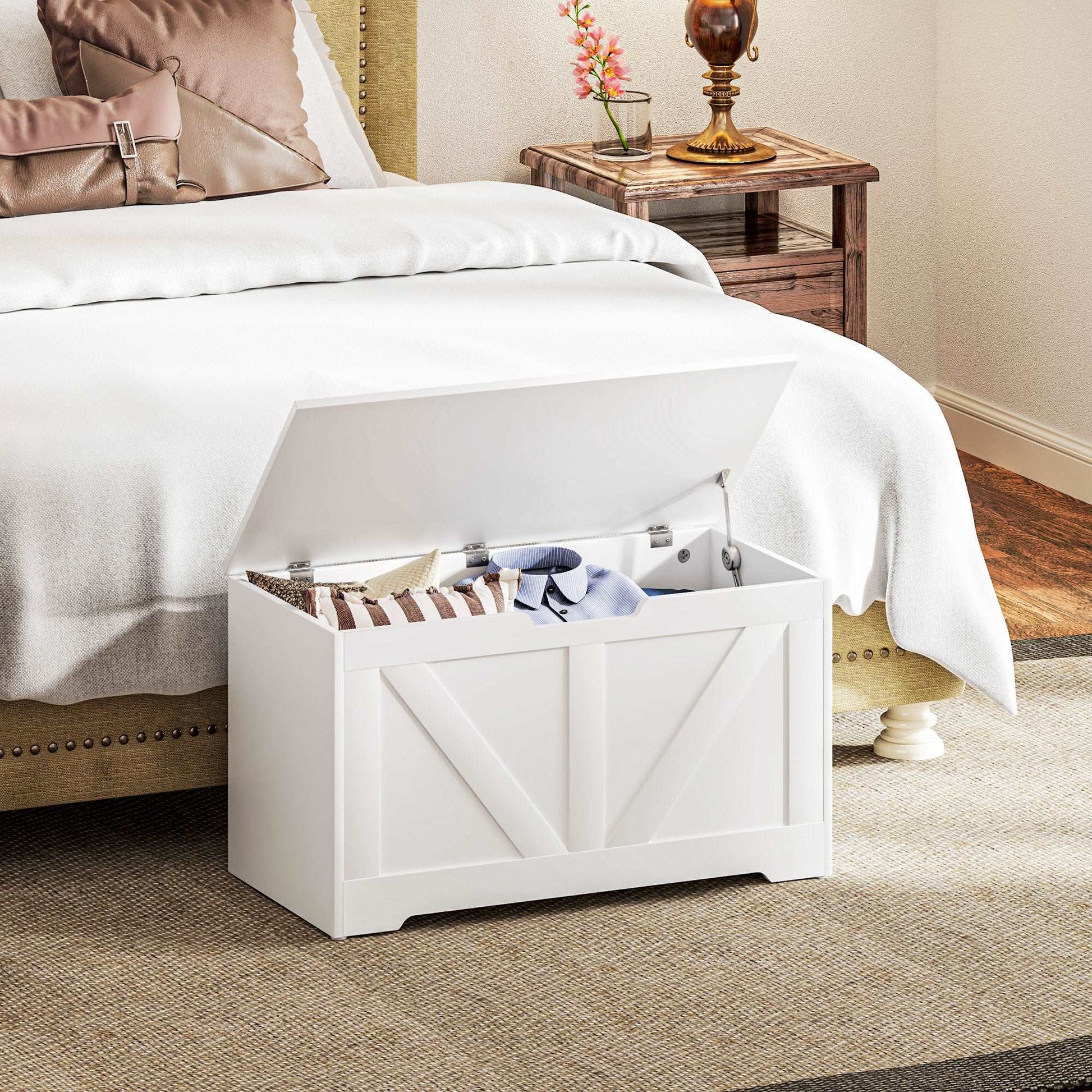 100L Home Storage Box, with Safety Hinges - White Wood-Effect