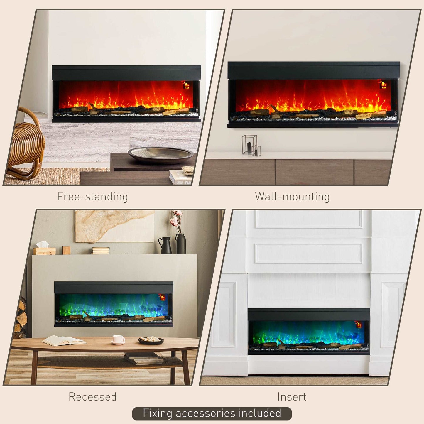 127cm Media Electric Fireplace Wall Mounted, Recessed, Freestanding, Glass Electric Fire with Adjustable LED Flame Effect 1800W, Black