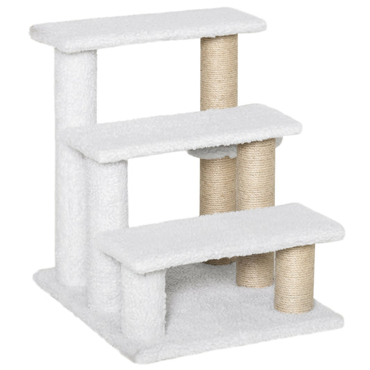 PawHut Pet Stair with 3-step Climb Ladder, Scratching Posts, Platforms, Toy Ball, for Indoor Cats Kittens, White