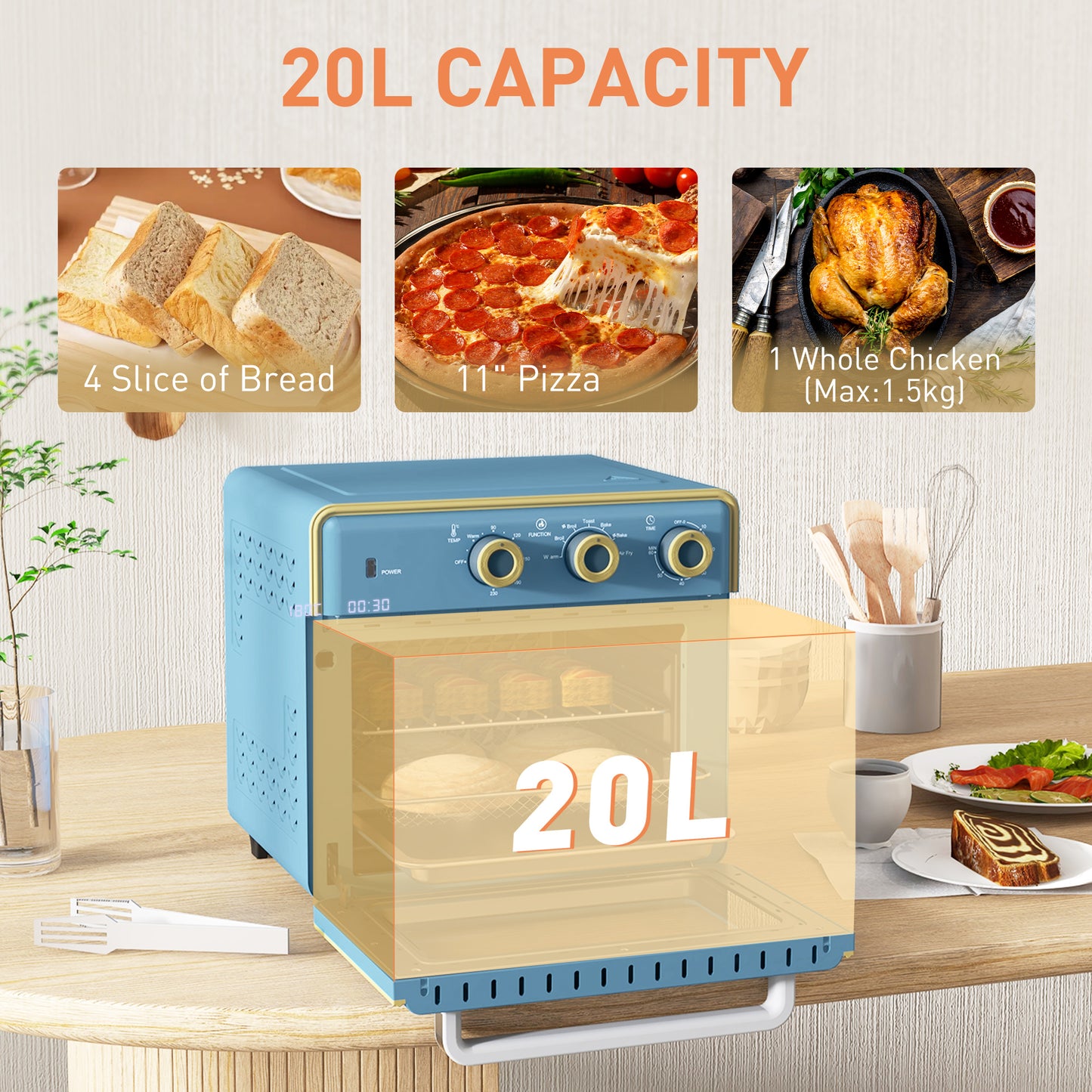 Vintage Retro Style 20L 90-230℃ Mini Electric Oven - Blue