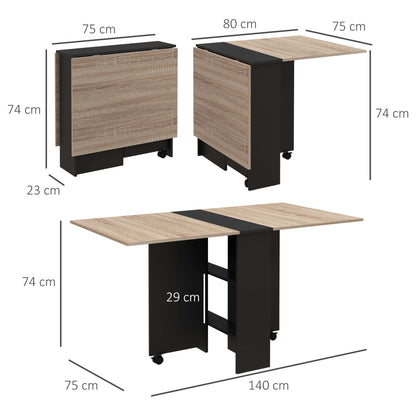 Retro Style Folding Dining Table, Drop Leaf For Small Spaces with 2-tier Shelves, Small Kitchen Table with Rolling Casters, Oak Tone