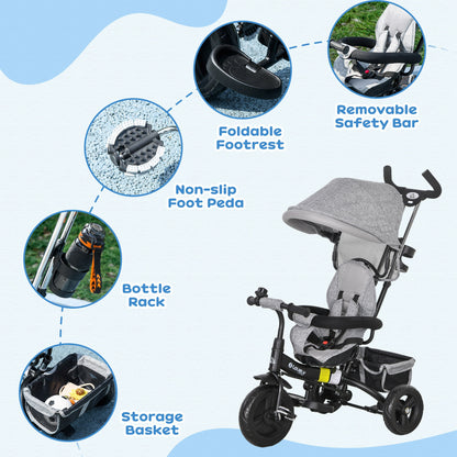 4 in 1 Kids Trike Push Bike w/ Push Handle, Canopy, 5-point Safety Belt, Storage, Footrest, Brake, for 1-5 Years, Grey