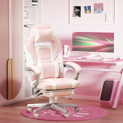 Faux Leather Reclining Gaming Chair, with Footrest - Pink/White