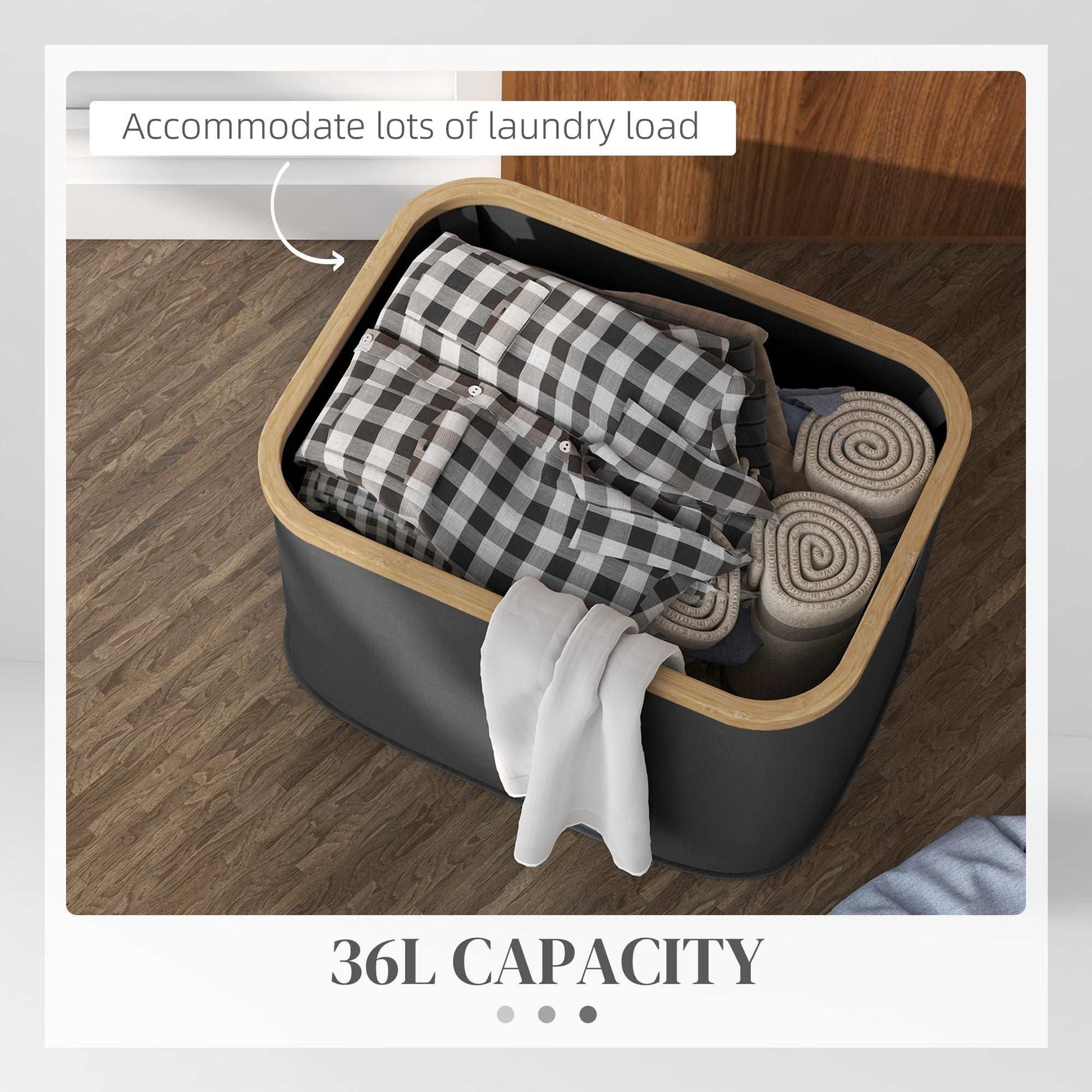 36L Foldable Laundry Basket, with Bamboo Top - Black