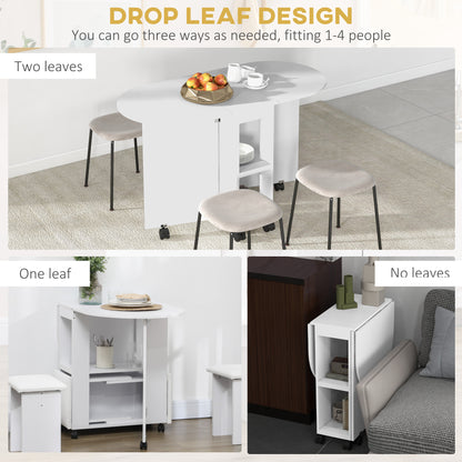 Four-Person Drop Leaf Dining Table, with Wheels - White