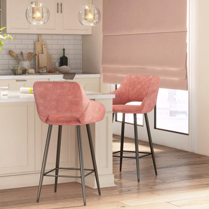 Retro Style Set of Two Velvet-Feel Bar Stools - Pink