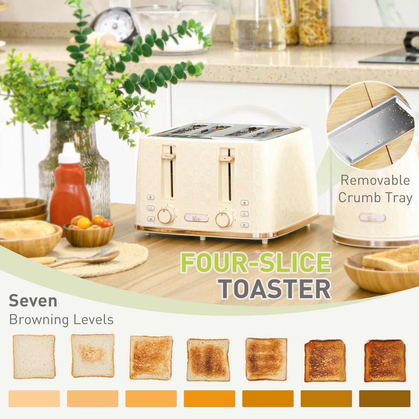 Kettle and Toaster Set, 1.7L 3000W Fast Boil Jug Kettle with Auto Shut Off, 4 Slice Toaster with 7 Level Browning Controls & Crumb Tray, Beige