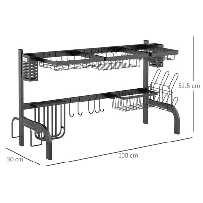 100cm Over The Sink Dish Drainer Rack, 2 Tier Dish Rack for Kitchen Counter, Space Saving Dish Drying Rack, Black